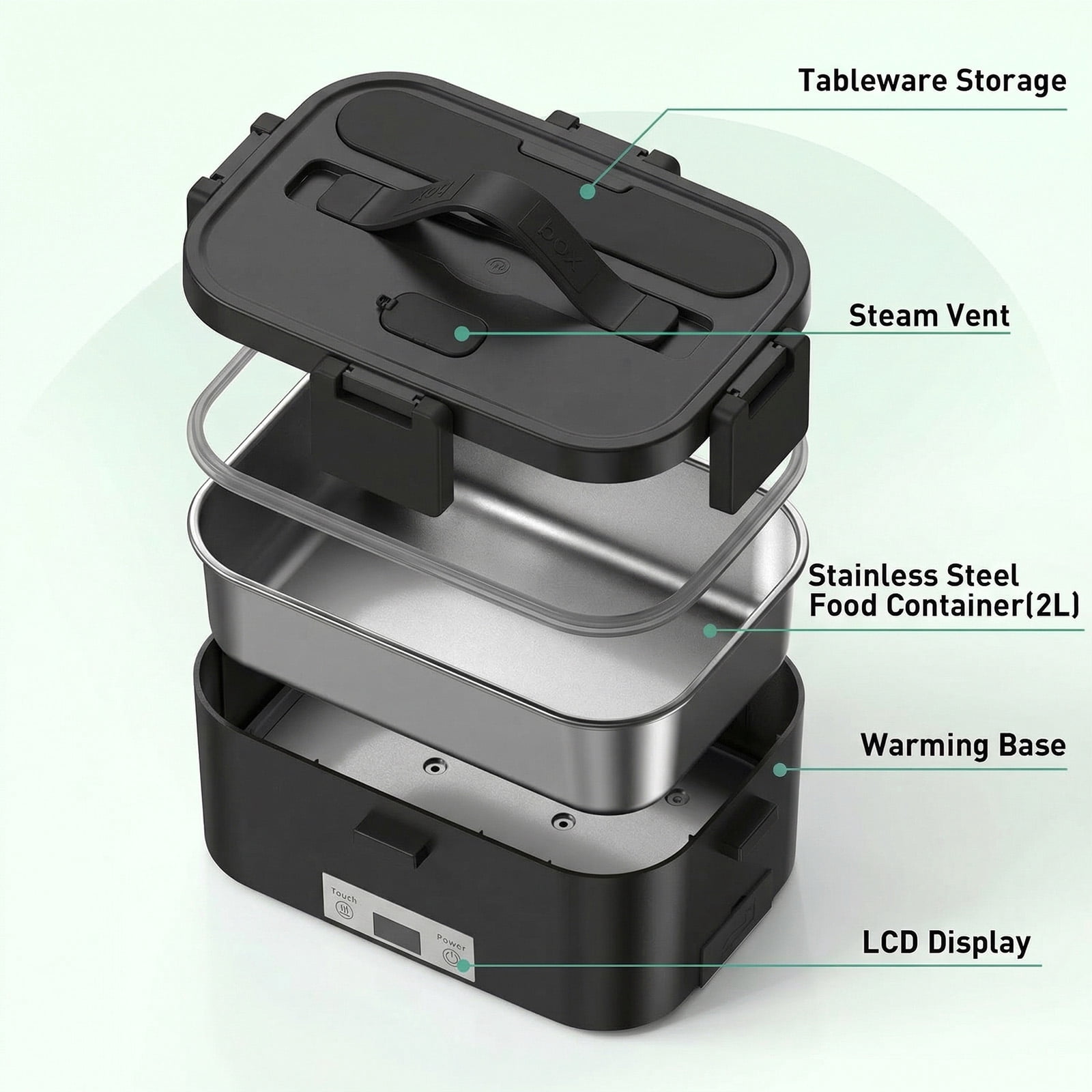 Electric Lunch Box Food Heater, Upgrade 100W High Power Portable Food Warmer, Heated Lunch Box for Adults Car/Home with 2L Removable Stainless Steel Container, 12V/24V/110V/220V,Black