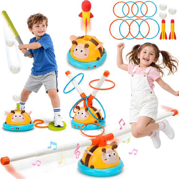 4-in-1 Kids Outdoor Sports Toy Set, Ring Toss Game, Baseball Tee, Jump Game & Stomp Rocket Launcher, Indoor Outdoor Backyard Games, Active Play Gift for Boys & Girls Ages 3