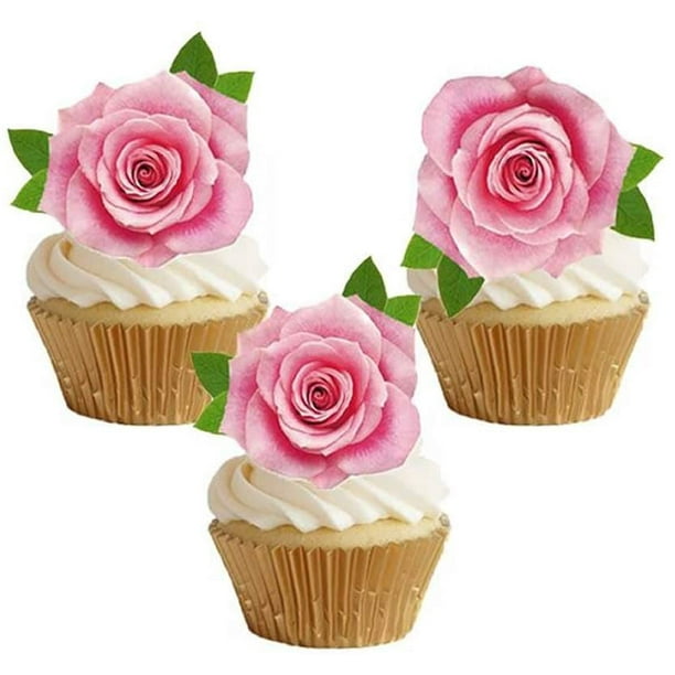 Not 3D 24Pcs Comestible Cupcake Topper Rose Rose Par Papier De Riz