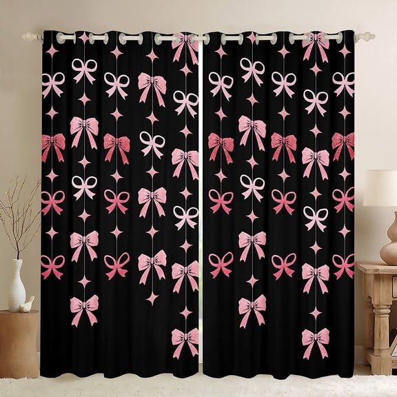 jejeloiu Pink Lovely Bowtie Black Out Curtains,Cute Kawaii Bowknot Curtains Pack of 2 (42x63 Each),Cartoon Bow Ribbon Bedroom Curtains For Girls,Breathable Home Decor