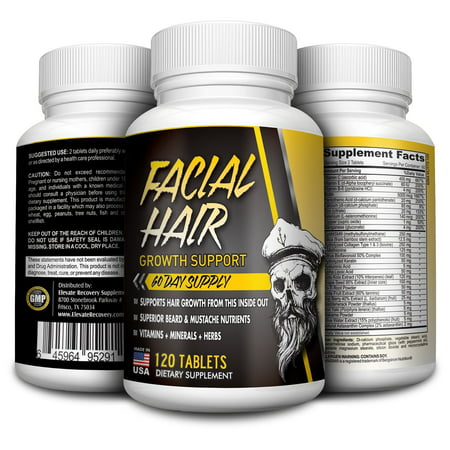 2-Month Facial Hair Growth Supplement - Beard Vitamins - Natural Beard Support Supplements - Pills - 120 (Best Beard Growth Pills)