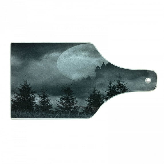 Halloween Cutting Board, Magic Castle Silhouette over Full Moon Night Fantasy Landscape Scary Forest, Tempered Glass Cutting and Serving Board, Wine Bottle Shape, Grey Pale Grey, by Ambesonne