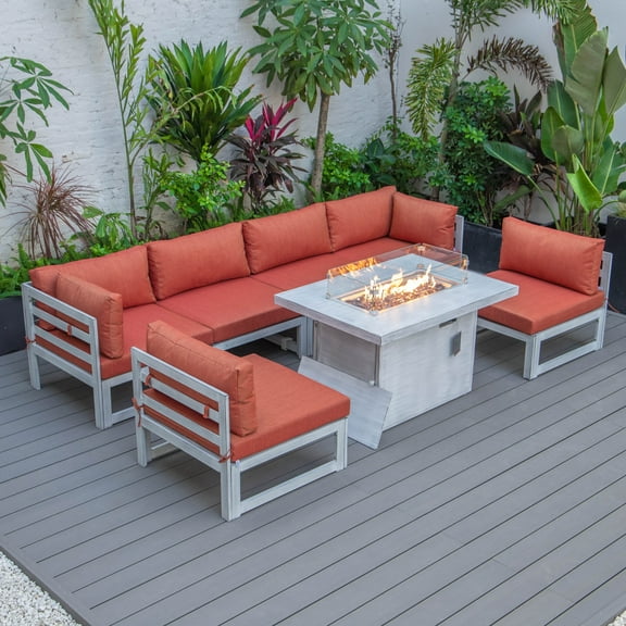 LeisureMod Chelsea Modern 7-Piece Outdoor Patio Conversation Set & 44" Propane Fire Pit Table in Weathered Grey Aluminum with Orange Cushions