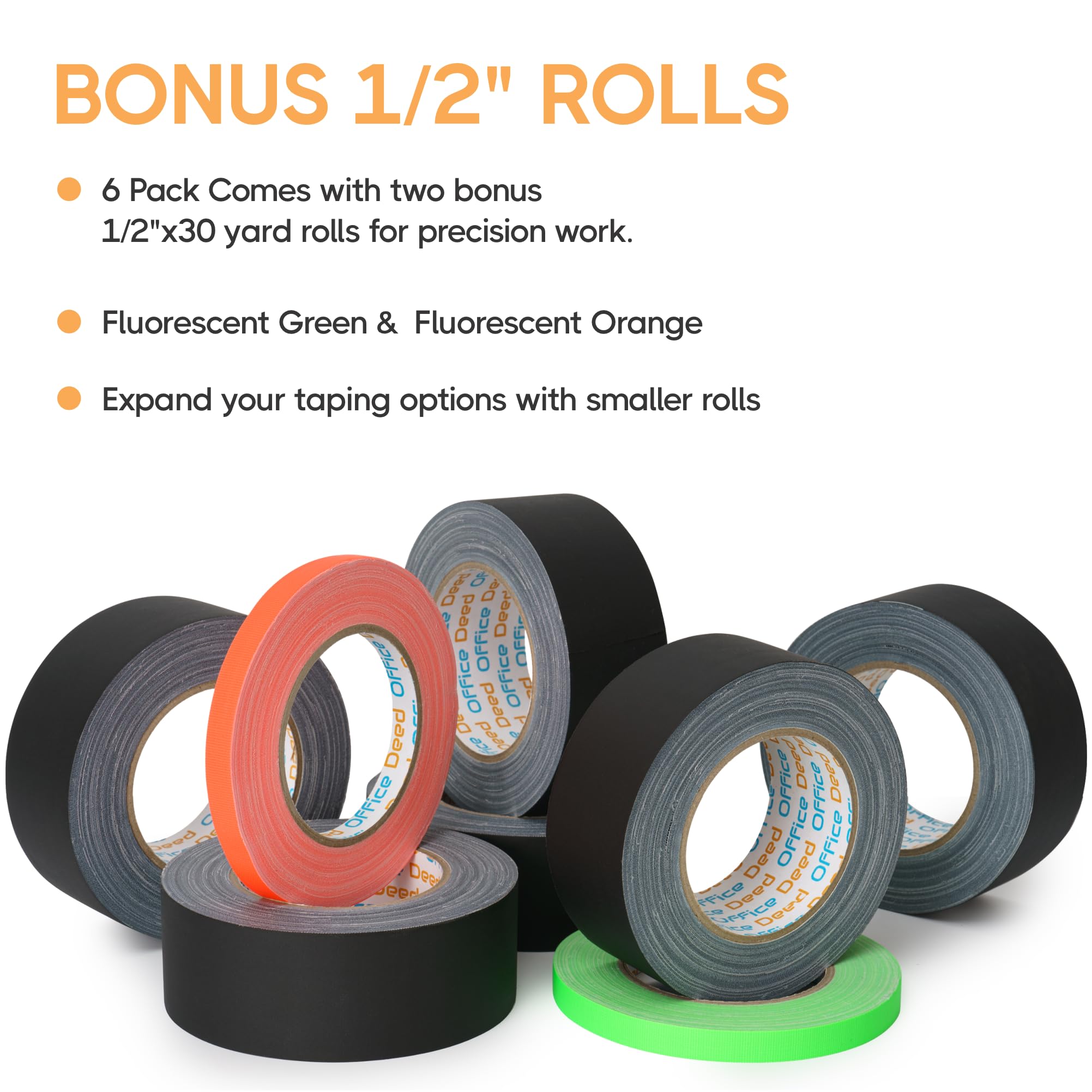 Black Gaffers Tape 2 inch X 30 yard, 6 Pack, Non-reflective, No Residue, Hand Tear, Waterproof, Matte Black Gaff tape For Stages, Floor Tape for Electrical Cords (6 Pack)