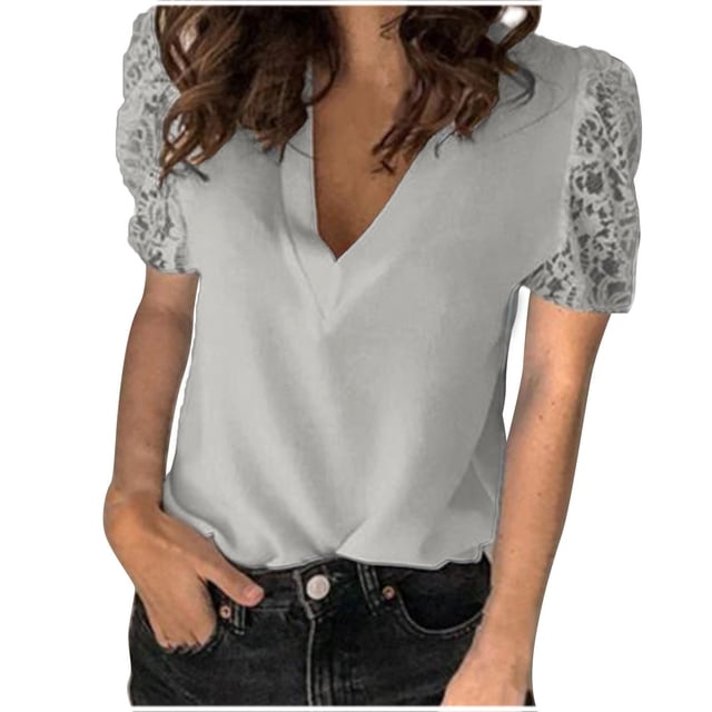 Birdeem Mode Grande Taille Femmes Dentelle Unie Manches Courtes Blouse Ajustée Col en V Hauts Chemise