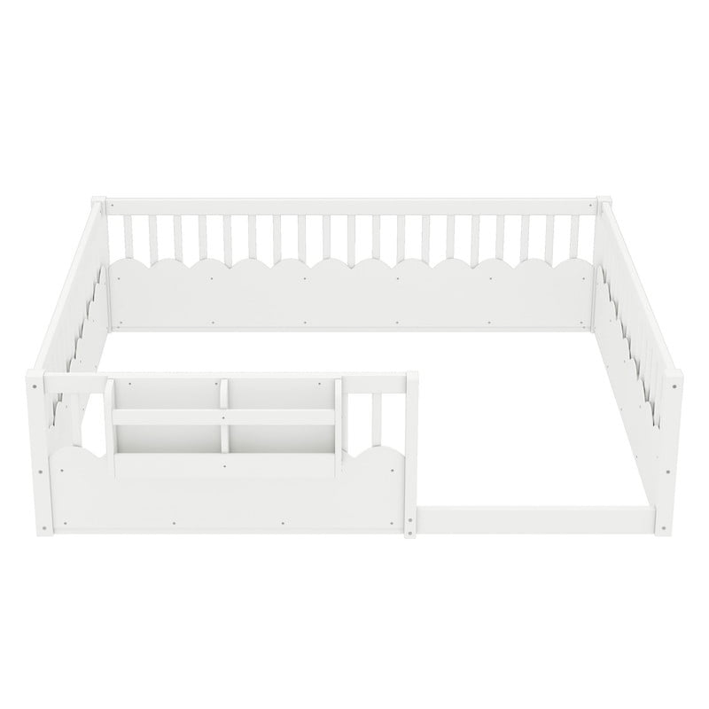 Queen Size Wood Floor Bed with Wavy Fence, Kids Platform Bed Frame with No Slat, Montessori Storage Bed with Bookshelf