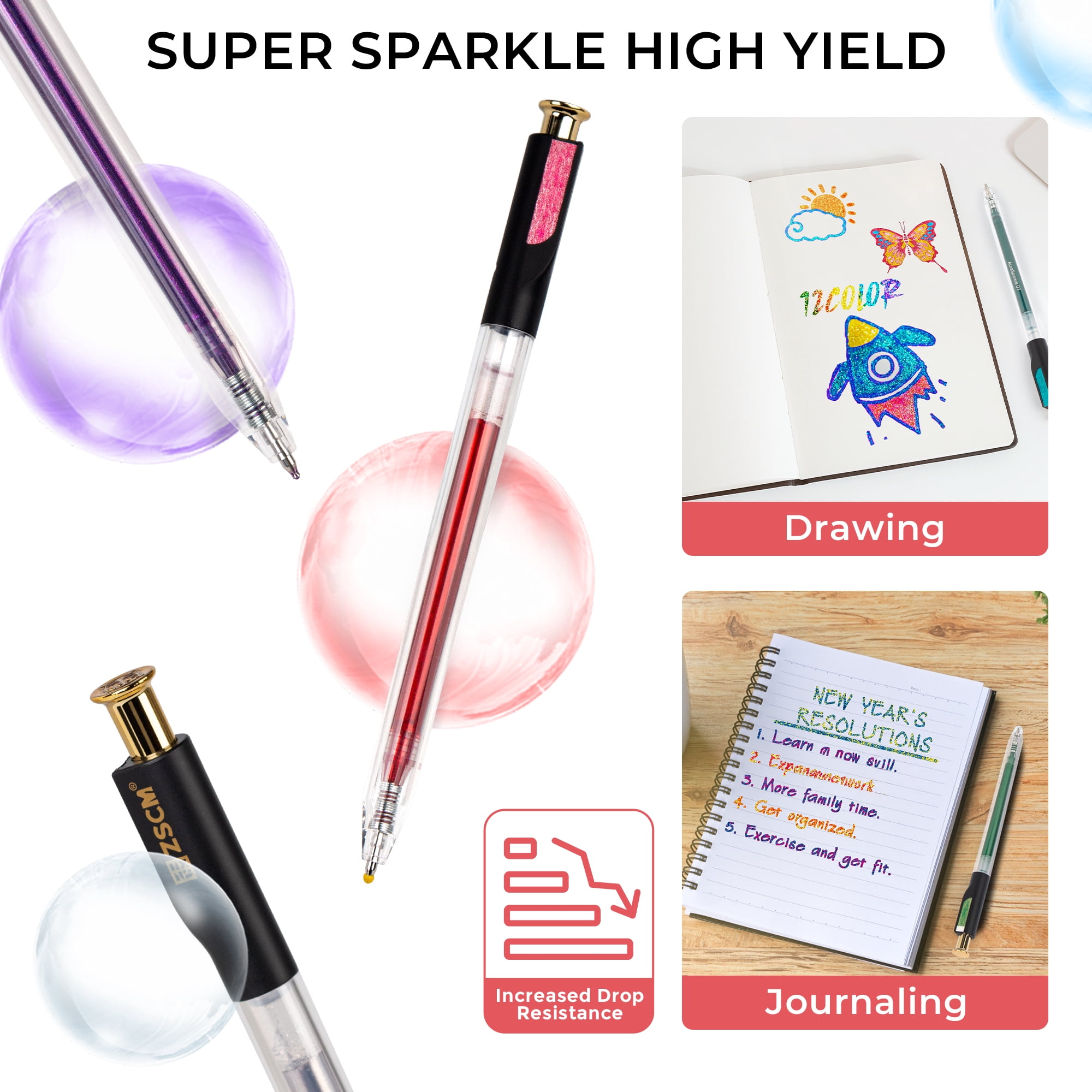 Retractable Super Glitter Gel Pens, 12 Colors Large Capacity Metallic Sparkle Gel Ink Pen for Adult Coloring Book Note Taking Aesthetic Art Supplies