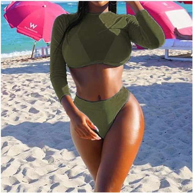 EGNMCR Bikini Set Women With Chest Pad Without Underwire Long Sleeve Mesh Three Piece Set Swimsuit