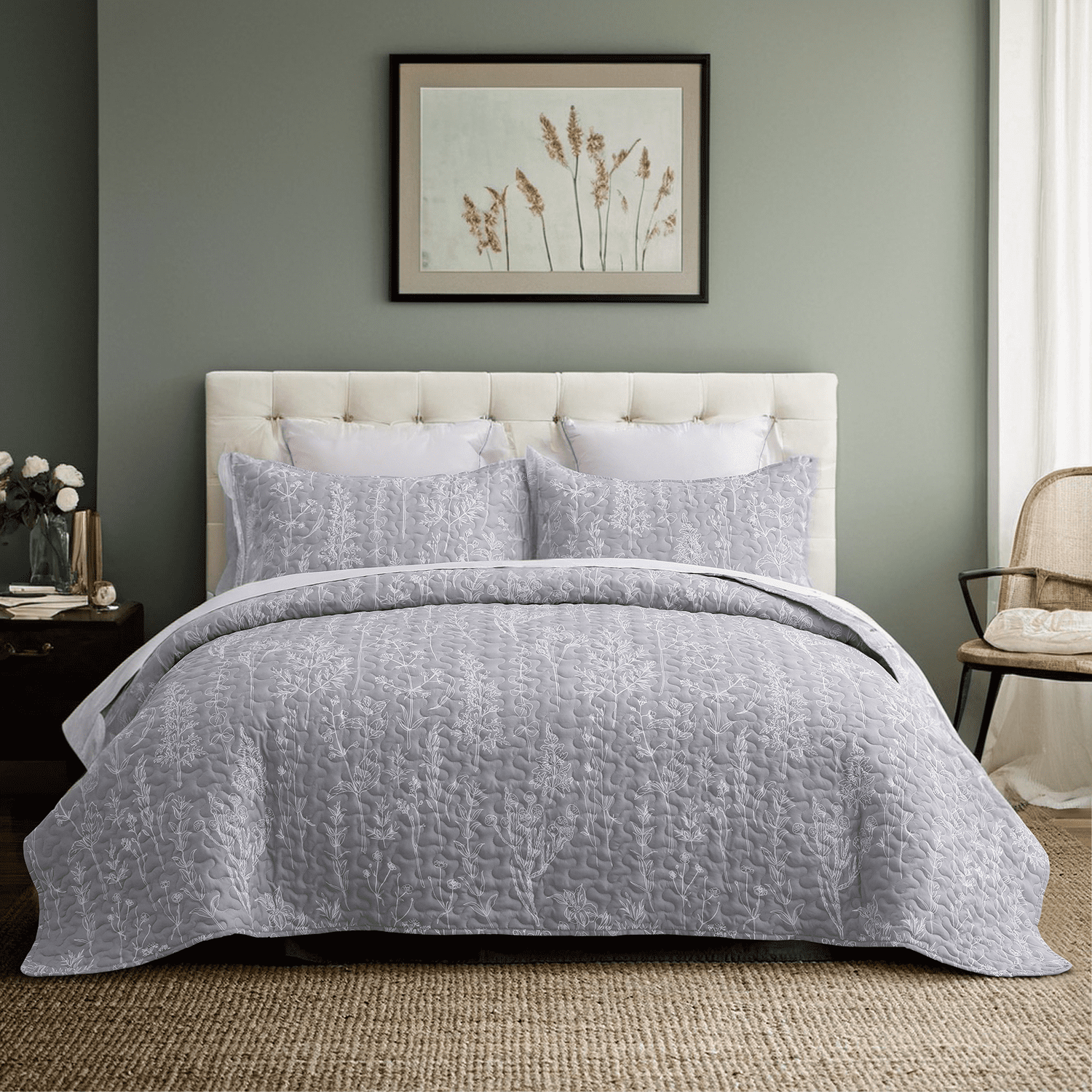 SLEEPBELLA Grey Quilt Set King Size 3Pcs, Grey Printed with White Botanical Pattern, All Season Lightweight Coverlet Sets(King 106x96, Grey Botanical)