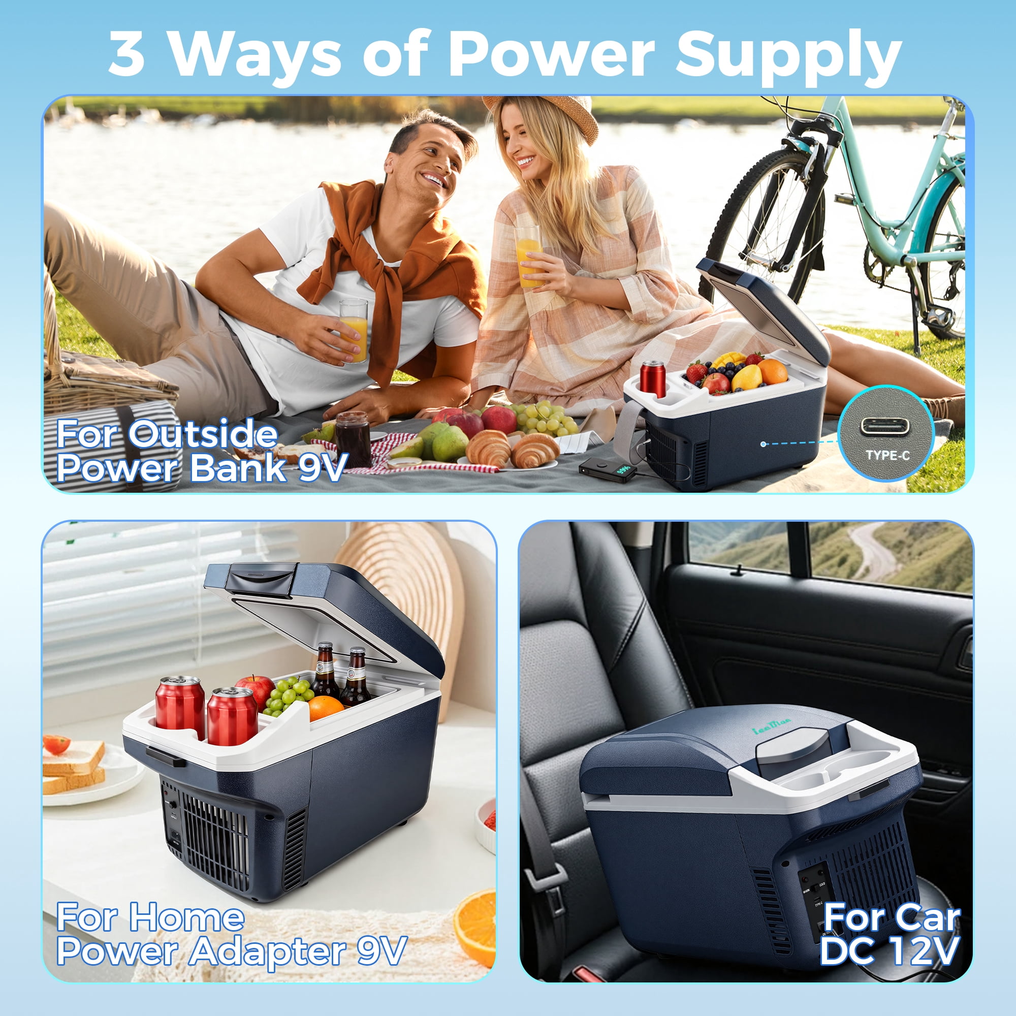 IceBlue 8L car refrigerator(9V type-C/12V DC), Dual Temperature (Cold and Hot), compact Mini Fridge for Camping, Travel, Truck, Home, Fishing, RV and Outdoor, with Shoulder Strap