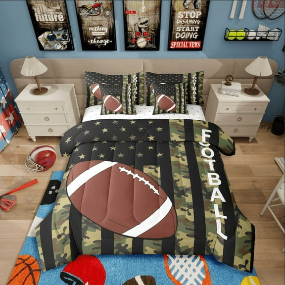 Castle Fairy Boys Gamer Football 7-Piece Twin Bedding Sets for Teenagers,Abstract Camouflage Bedding Comforter Set,USA Flag Breathable Sheet Sets,Ultra Soft Home Decor