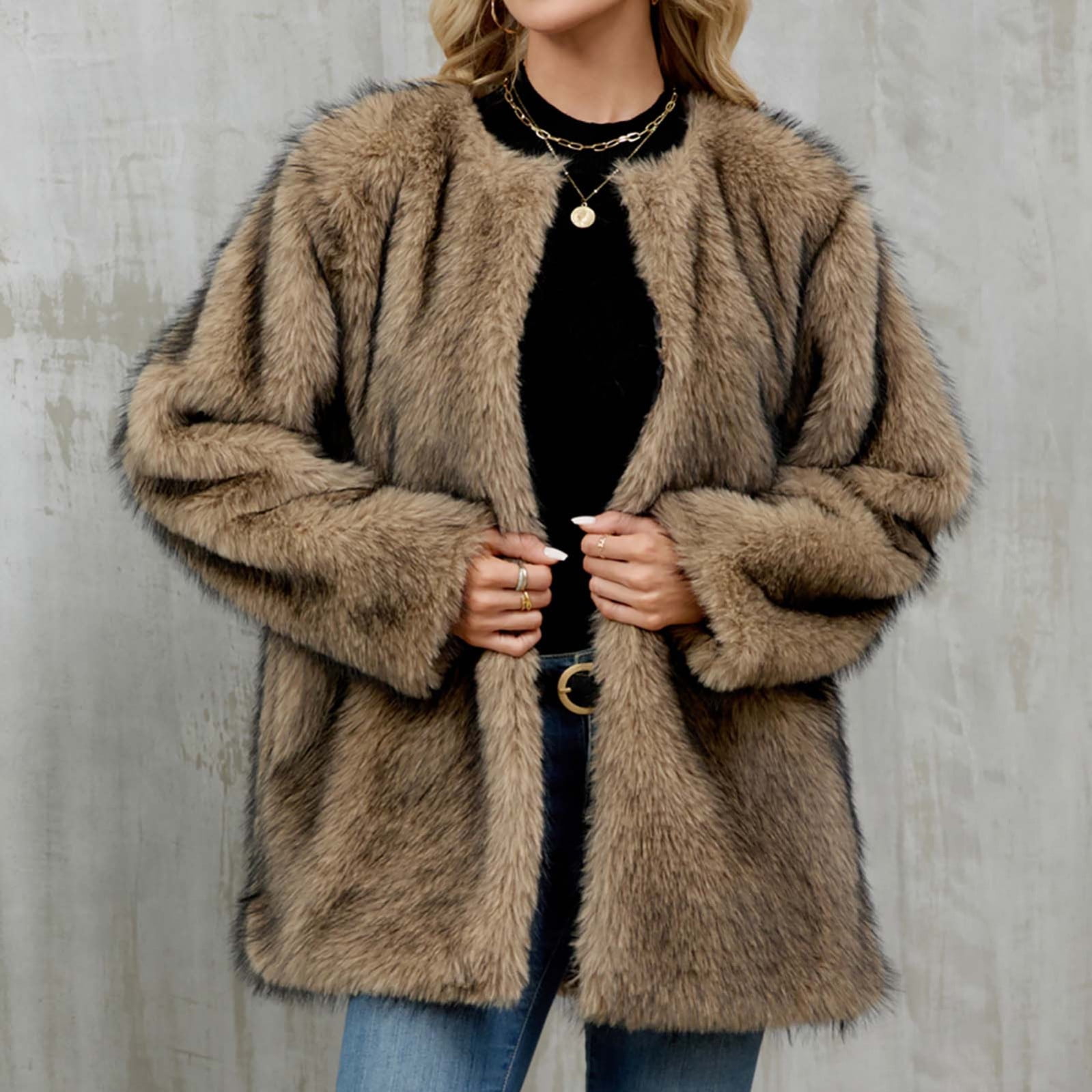 ジャケット・アウター DIANTE Shaggy middle loose coat DAFPZW Shaggy Faux Fur Jacket for Women Long Sleeve Open Front