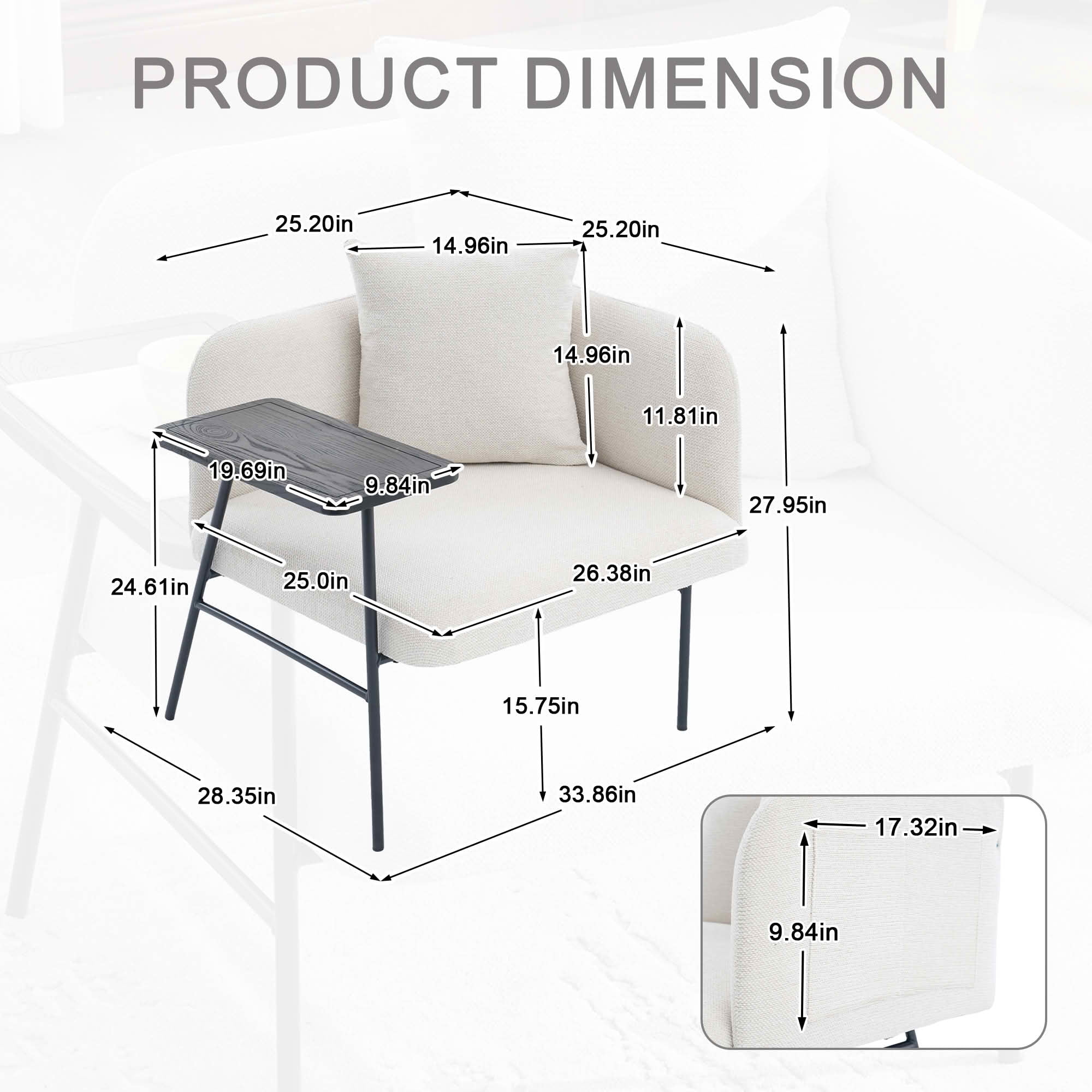 MAYEERTY Leisure Lounge Chair with Side Table & Back Pillow, Armchair, Beige, Living Room Bedroom
