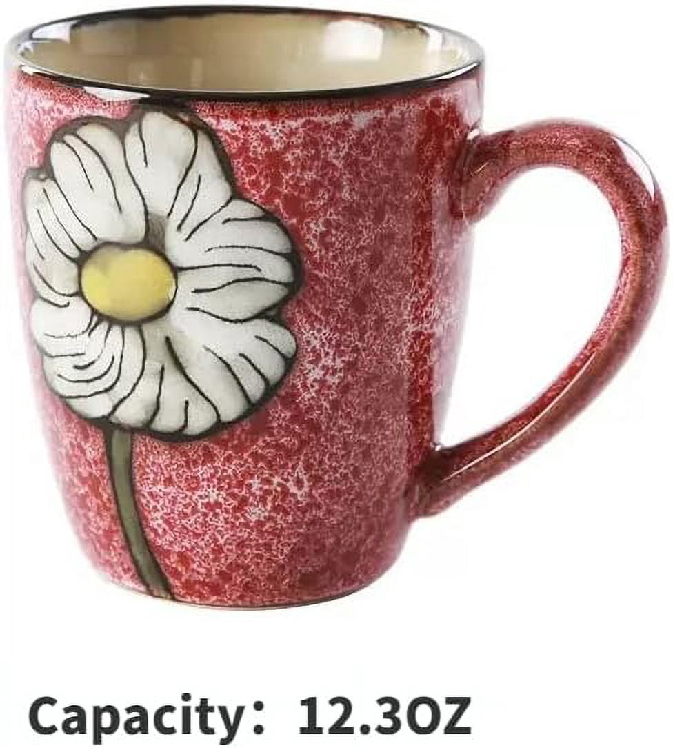 Set of 4 Floral Ceramic Coffee Mugs, 12oz - Handcrafted Kiln Glazed Mugs, Microwave & Dishwasher Safe, for Cappuccino, Tea, Latte & Espresso, Multicolor
