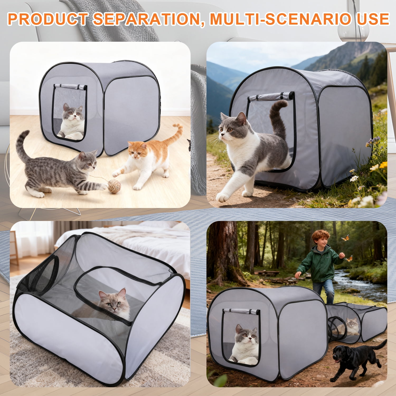 Portable Collapsible Small Pet Playpen - Breathable Mesh Fence with Attached Tunnel, Indoor Outdoor Soft-Edge Tent + Storage Bag