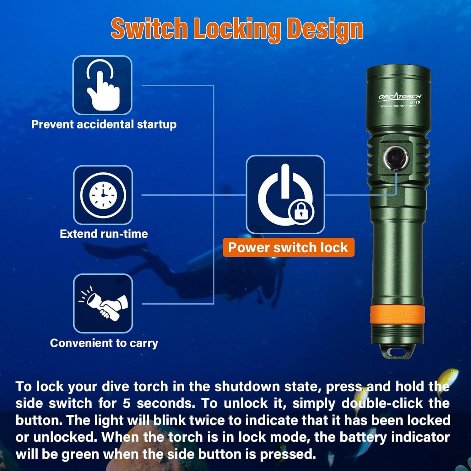 ORCATORCH D710 Scuba Diving Light, 3000 Lumens Super Bright Underwater Flashlight with 6 Degrees Narrow Beam, IP68 Waterproof Night Dive Torch 150 Meters Submersible Light (Green)