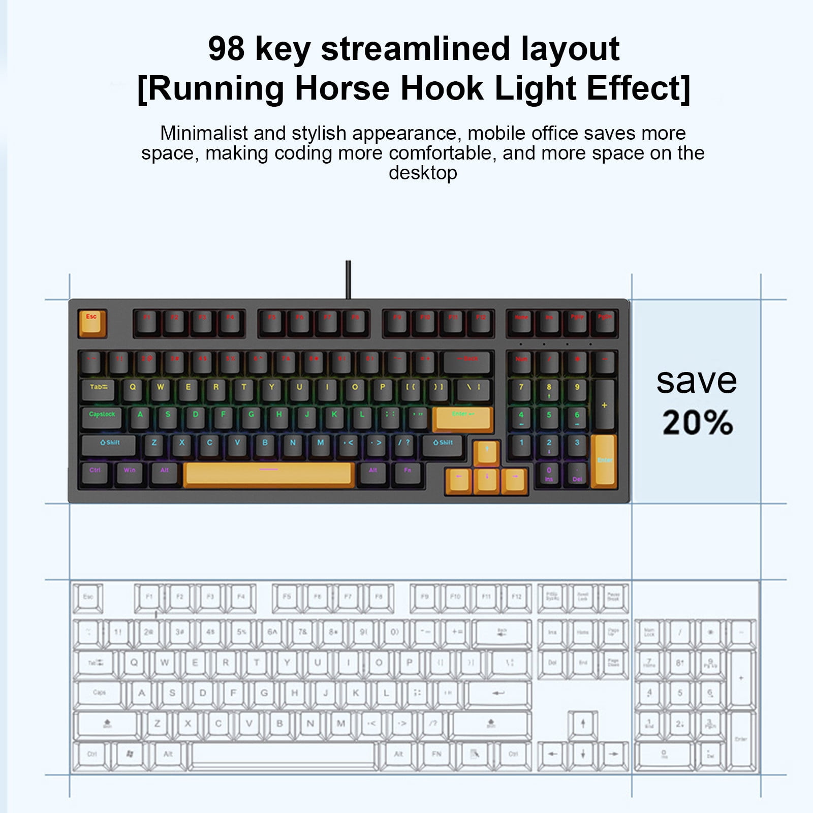 AuroraX 98 Keys Gaming Keyboard LOL Wired C-Type Ergonomic Keyboard Black RGB Lighting Mechanical Keyboard
