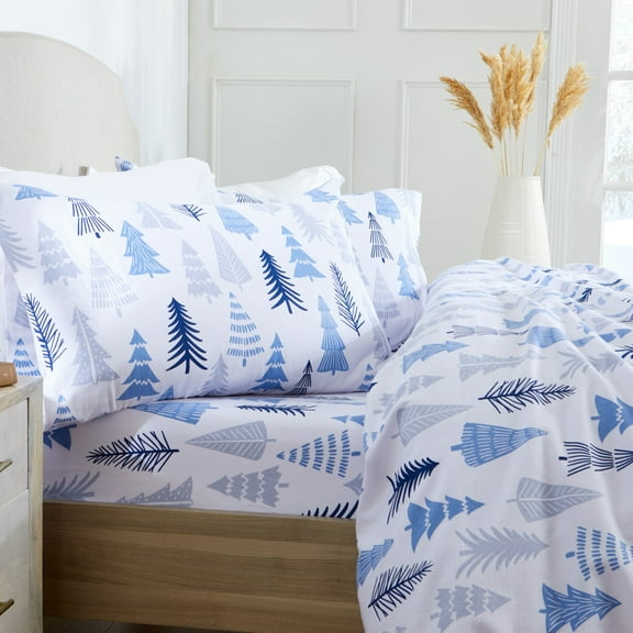 Market & Place Alpine Printed 100% Cotton Flannel Sheet Set, Full, Blue Forest, 4-Pieces