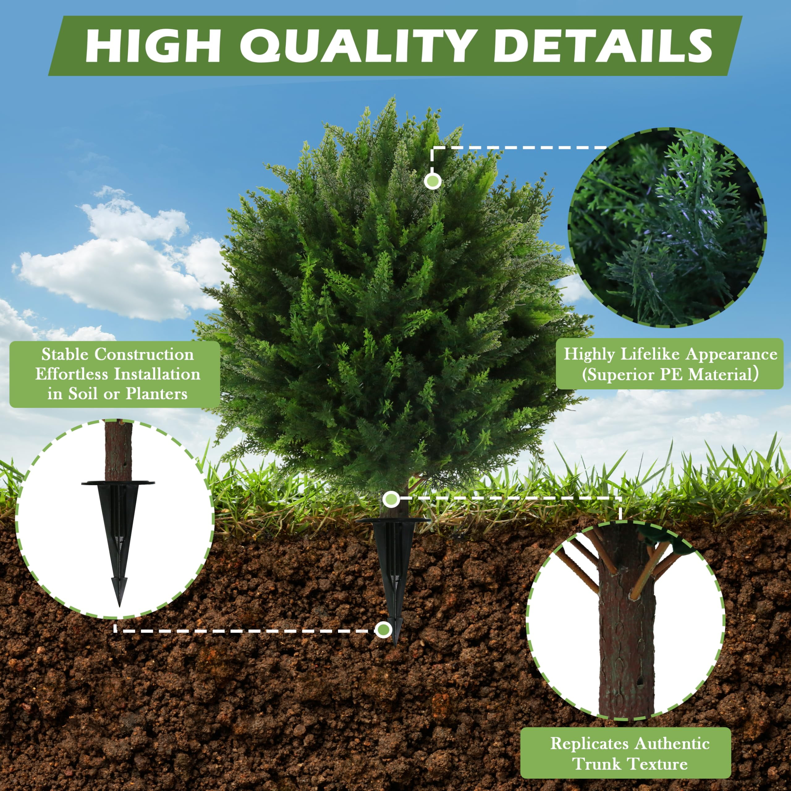 Bibana Artificial Cedar Topiary Ball Trees, Faux Cedar Shrub Bushes with Ground Spike 25.5", UV Resistant Fake Cedar Plants for Indoor, Garden, Yard, Porch, Patio Decor(set of 2)