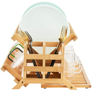 Lawei Bamboo Dish Drying Rack with Utensil Holder - Collapsible Dish Drainer Foldable Dish Rack Bamboo Plate Rack for Plates, Cups, Mugs, Utensil