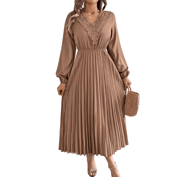 Vestido Informal de Otoño para Mujer, de Larga, con Escote en V y Pliegues, Corte A. Caqui S