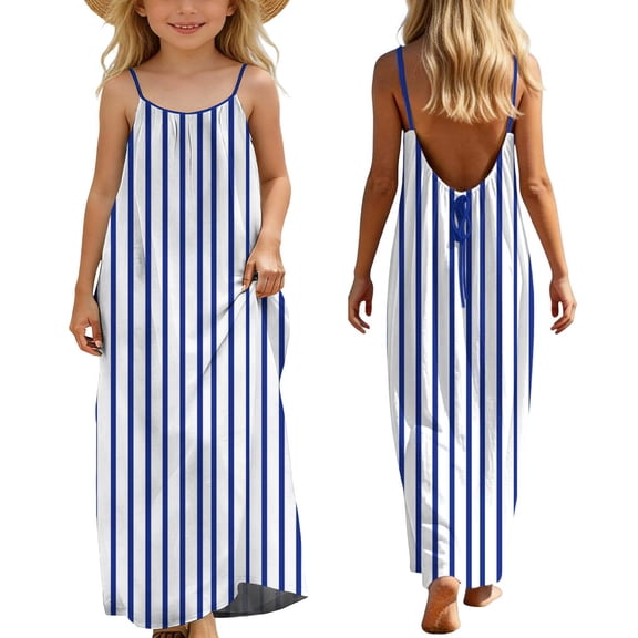 DAETIROS Girls 100% Cotton Maxi Dress Striped Spaghetti Strap Open Back Tie Back Blue Sundress for Summer Vacation Casual Play,Size 13 T