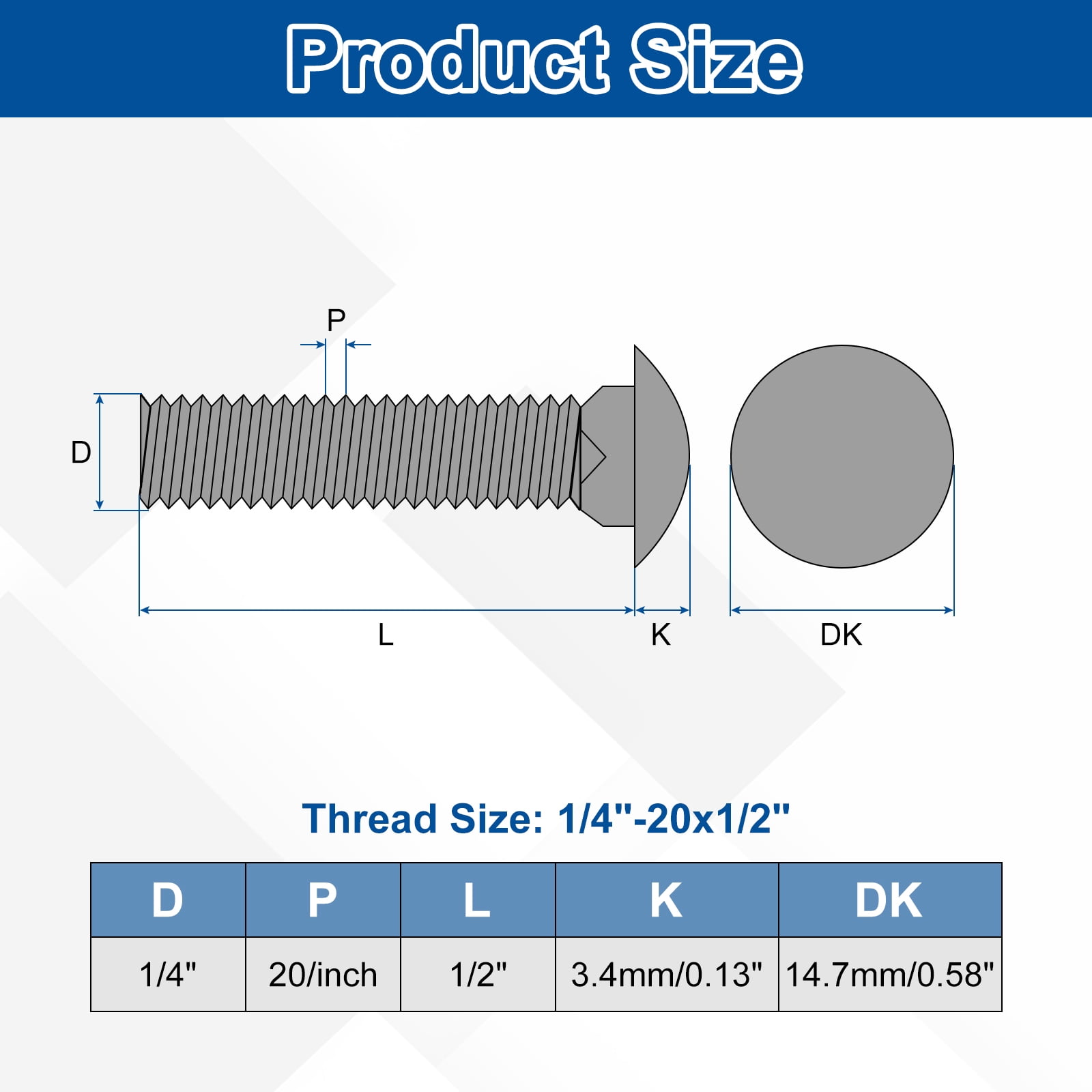 Uxcell 100Pack 1/4"-20x1/2" Stainless Steel Carriage Bolts Round Head Square Neck, Silver