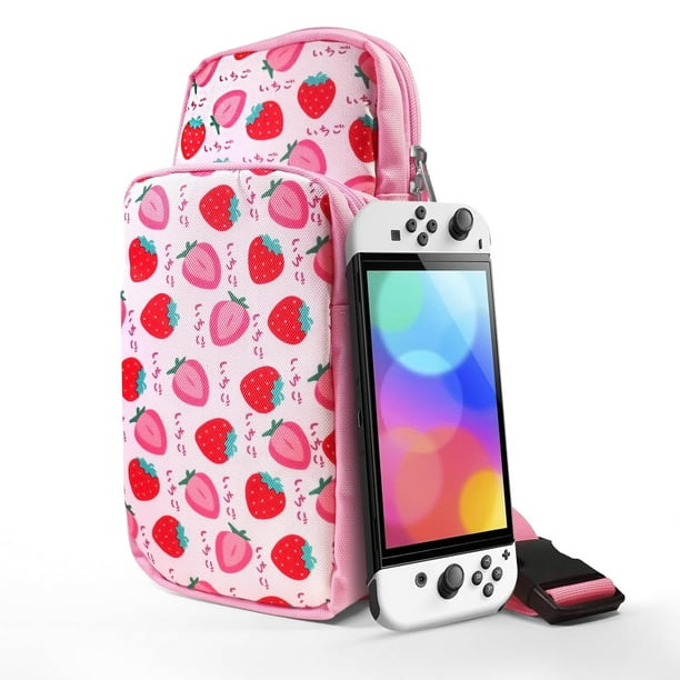 Cute Pink Strawberry Travel Carrying Bag for Nintendo Switch OLED