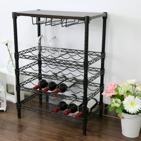 Kinbor 24 Bottle Wine Rack Storage 5-Tire Adjustable Shelf Steel Wire Kitchen Home Bar w/Glass