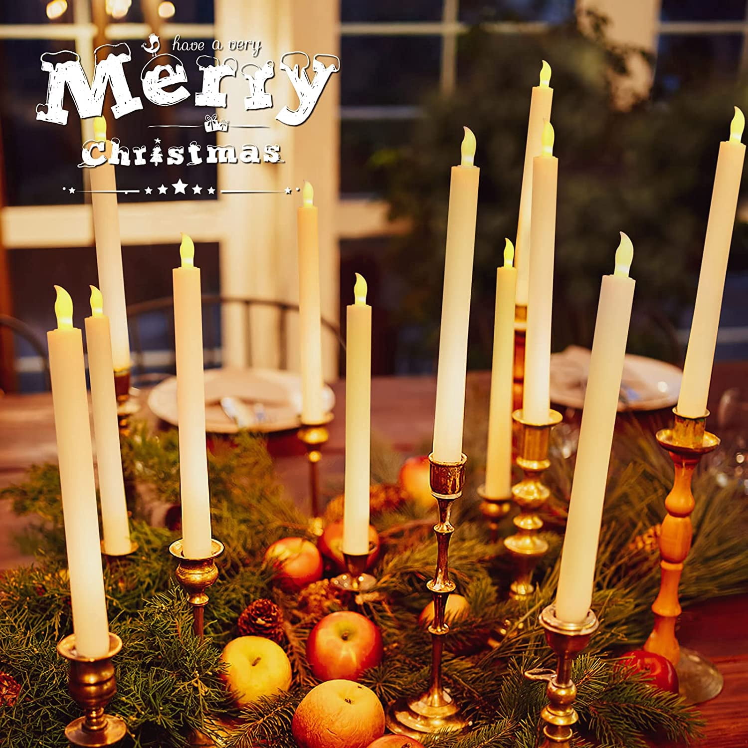 Fun Little Toys 12 Pcs Halloween Flameless Remote Candles,3D Wick Light Taper Candles Removable Gold Candle Holders for Halloween,Christmas Decorations
