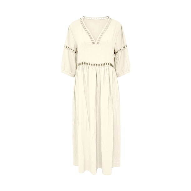 beige boho dress Women's Casual Flowy Maxi 3/4 Sleeve Elegant Dress Summer V Neck Half Sleeve Solid Color Flowy Dresses S-3XL White