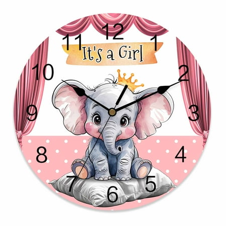 Silent Wall Clocks Battery Operated, Cute Animal Round Decorative Wall Clock for Living Room Bedroom Kitchen Bathroom Classroom Decor, 12 Inch Vintage Polka Dot Elephant Pink White