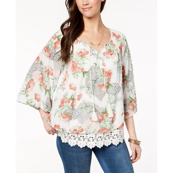 Style & Co Petite Printed Lace Hem Peasant Top Brookside Patch PXL
