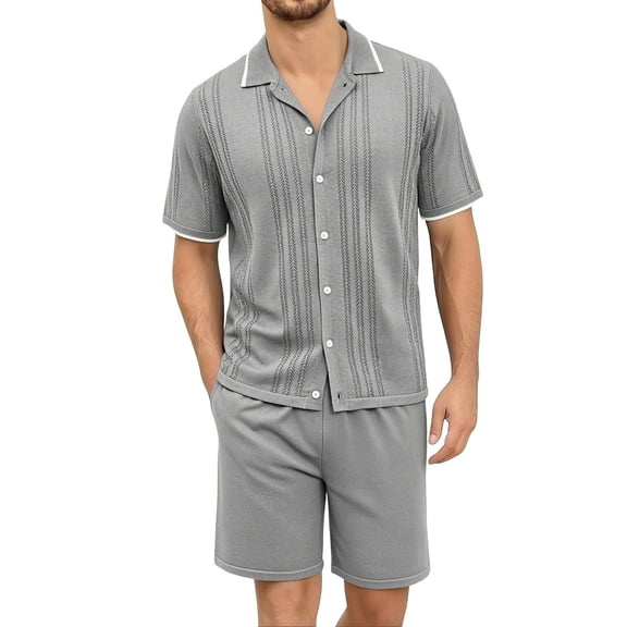 Gamivast Mens Knitted 2 Piece Set Short Sleeve Button and Shorts Soft Textured Sweater Outfit for Summer Casual Golf Vacation Old Money Style