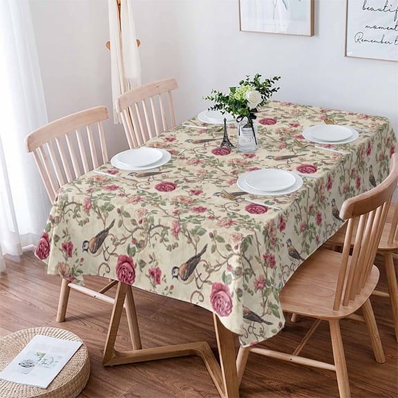 Vintage Pink Botanical Tablecloth Rectangle Table Cloth 60x102 , Waterproof Tablecloth Outdoor Table Cloth, Spring Floral Summer Birds Washable Table Cover for Kitchen Dining Party