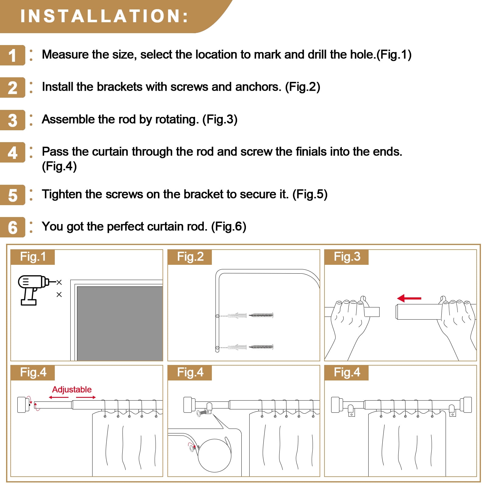Meriville 1-Inch Side Curtain Rod Set with End Cap Finials, Adjustable 12-20 Inches, Set of 2, Gold