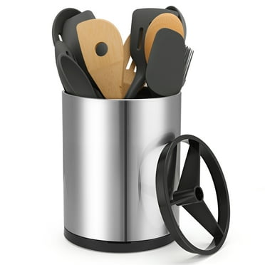 AOWOO Extra Large Kitchen Utensil Holder - 360° Rotating Stainless Steel Cooking Utensil Holder for Countertop, 3 Compartment Flatware Organizer & Utensil Caddy with Removable Base