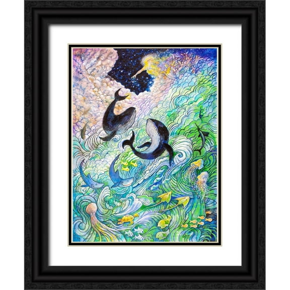 Bell, Bill 11x14 Black Ornate Wood Framed with Double Matting Museum Art Print Titled - Creation Whales and Fishes