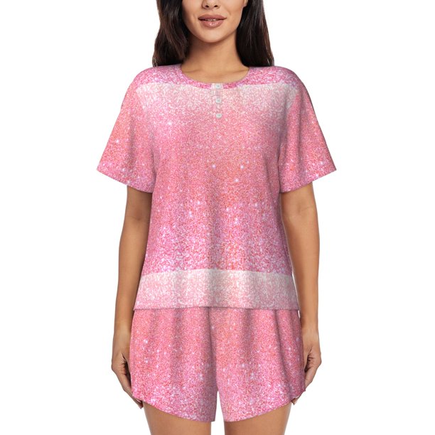 Fotbe Sparkly Pink Glitter Conjunto de Pijama Estampado para Mujer, 2 Piezas, Ropa de Dormir con Camiseta de Manga Corta y Shorts Suaves-Large