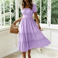 thumbnail image 2 of Asxite Summer Dresses for Women Casual Solid Straight Neck Short Sleeve Midi Sundress, 2 of 6