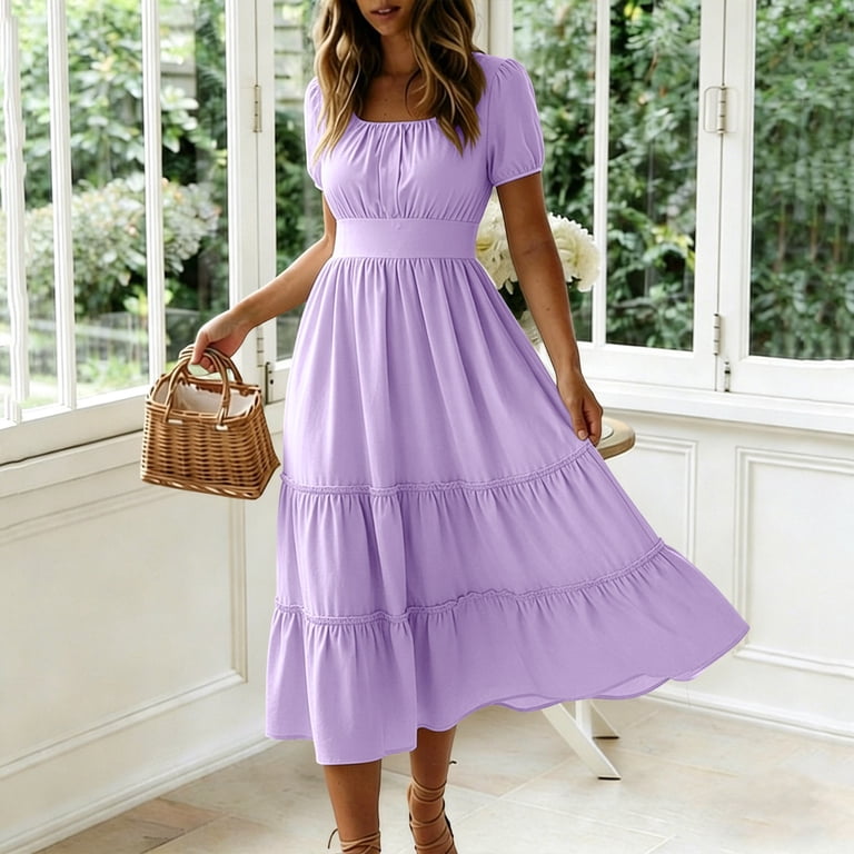BLVB Summer Fall Dresses for Women Short Sleeve Trendy Beach Midi Dress  Square Neck Tiered Boho Sundress - Walmart.com