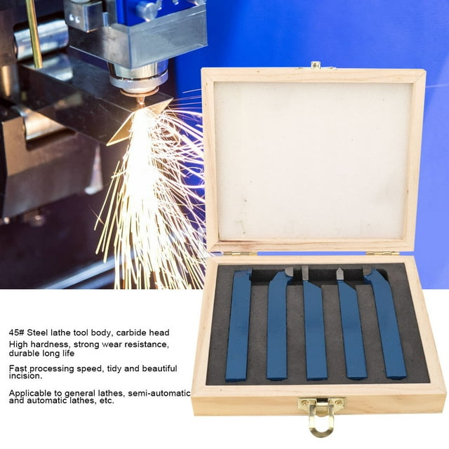 Tipped Lathe Turning Tool Set with Metalworking Grooving Tool, Suitable for General Lathes Auto Planers Cylinders, 45# Steel Body Carbide Head, 5PCS in Total, 25 Degree Right