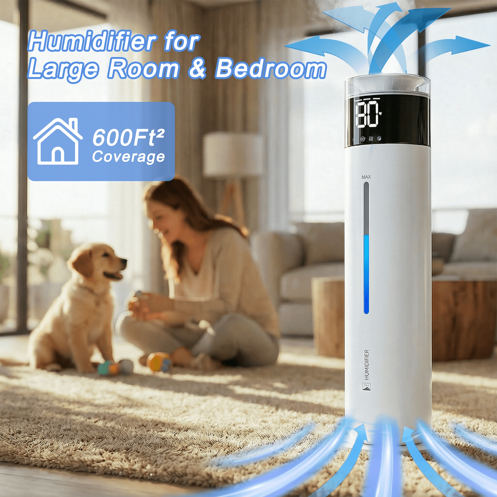 Rocyis 10L/2.6Gal Top Fill Cool Mist Humidifiers for Large Room up to 600 sq ft, 100H Runtime, Ultra Quiet 30dB, Auto Humidity Control, Essential Oil Tray, for Bedroom Office, White