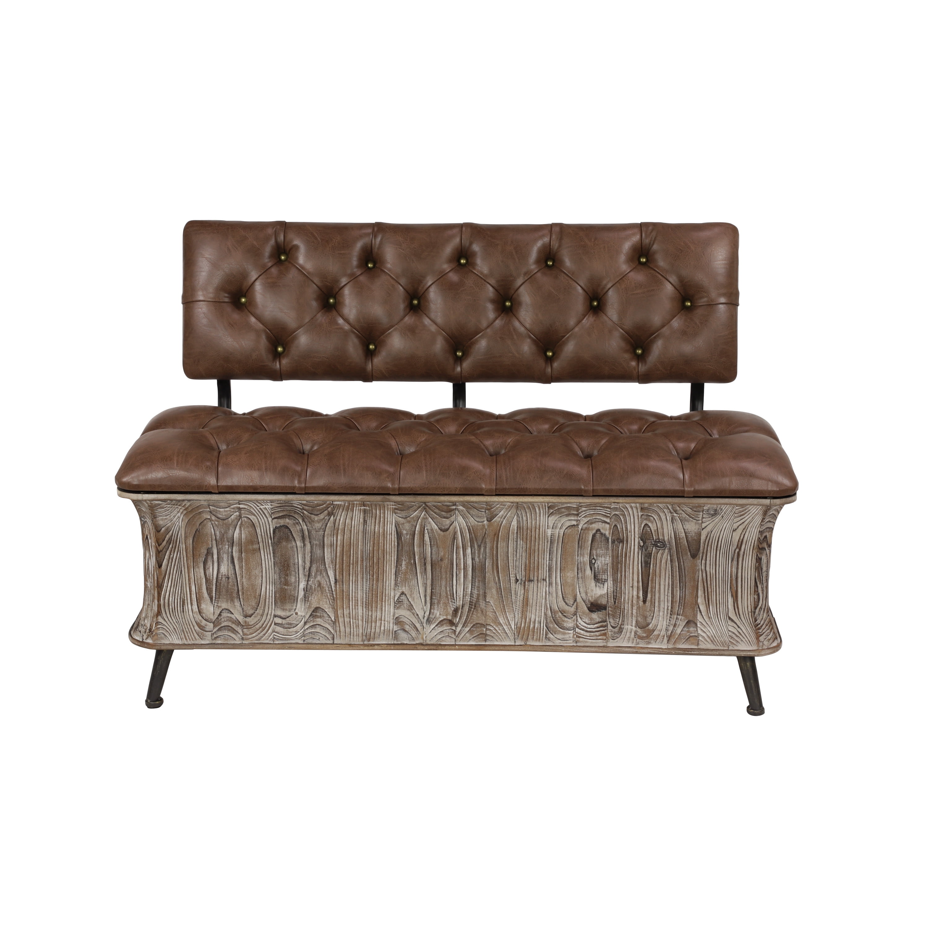 DecMode Wood Storage Bench with Tufted Faux Leather Seat and Back, Brown