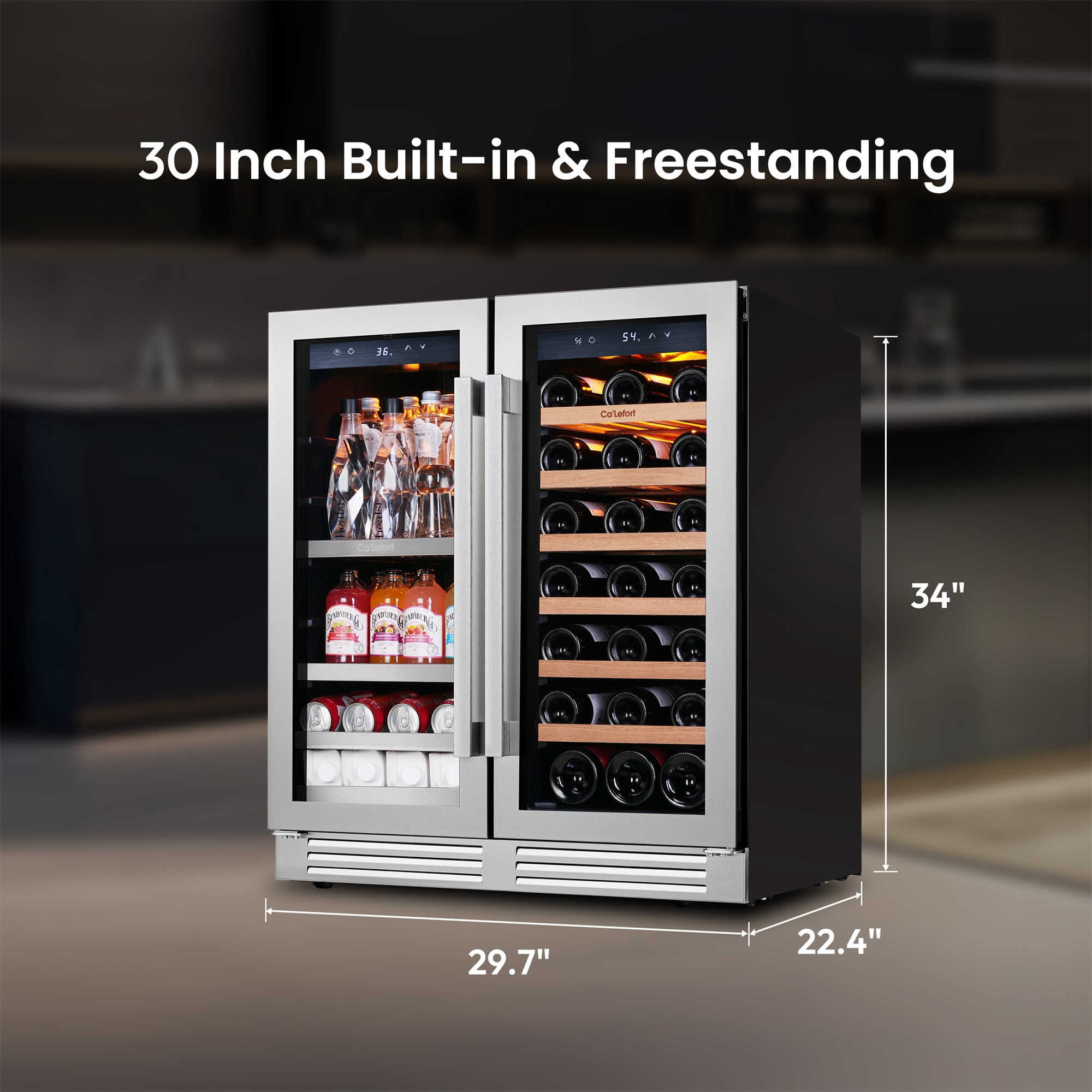 Ca'Lefort 30 inch Wine Beverage Refrigerator, Hold 80 Cans and 33 Bottles Dual Zone Wine Fridge with Stainless Steel French Door for Home