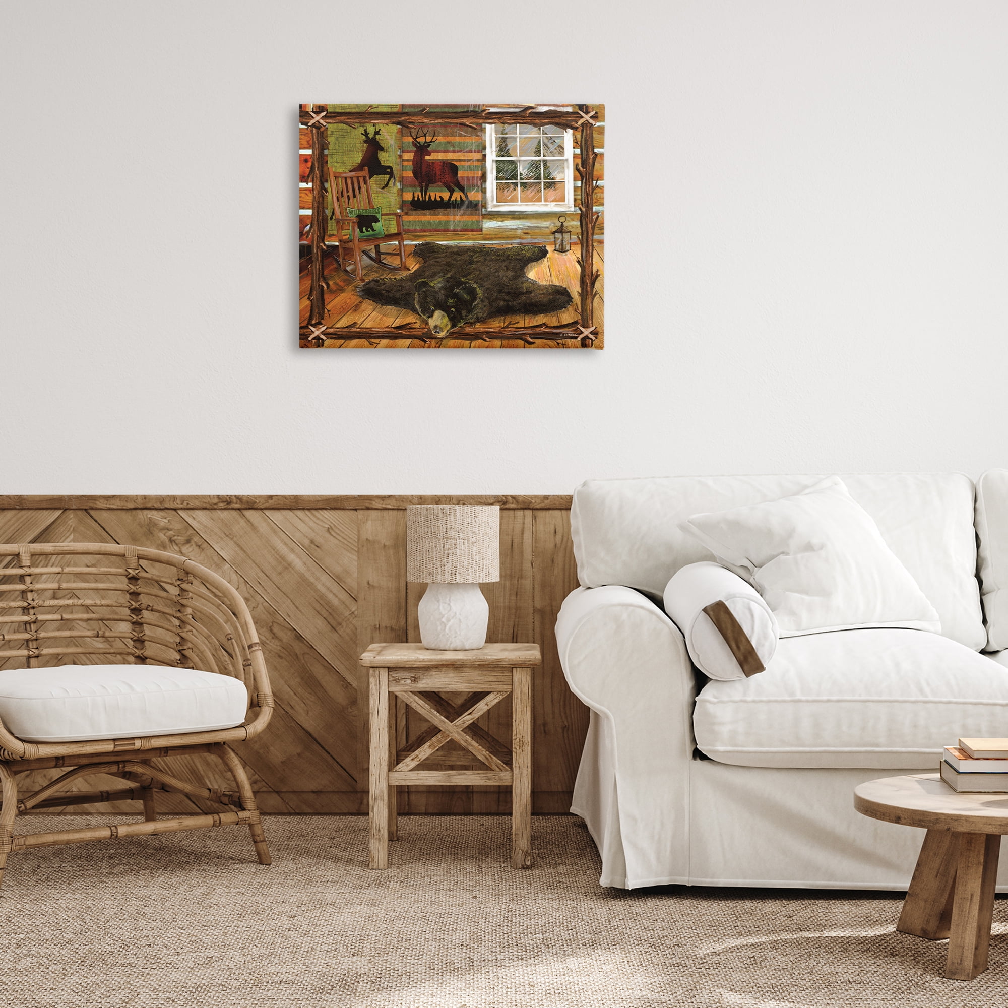 Stupell Industries Rustic Cabin with Border Animals & Insects Painting Gallery Wrapped Canvas Art Print Wall Art, 30 x 24