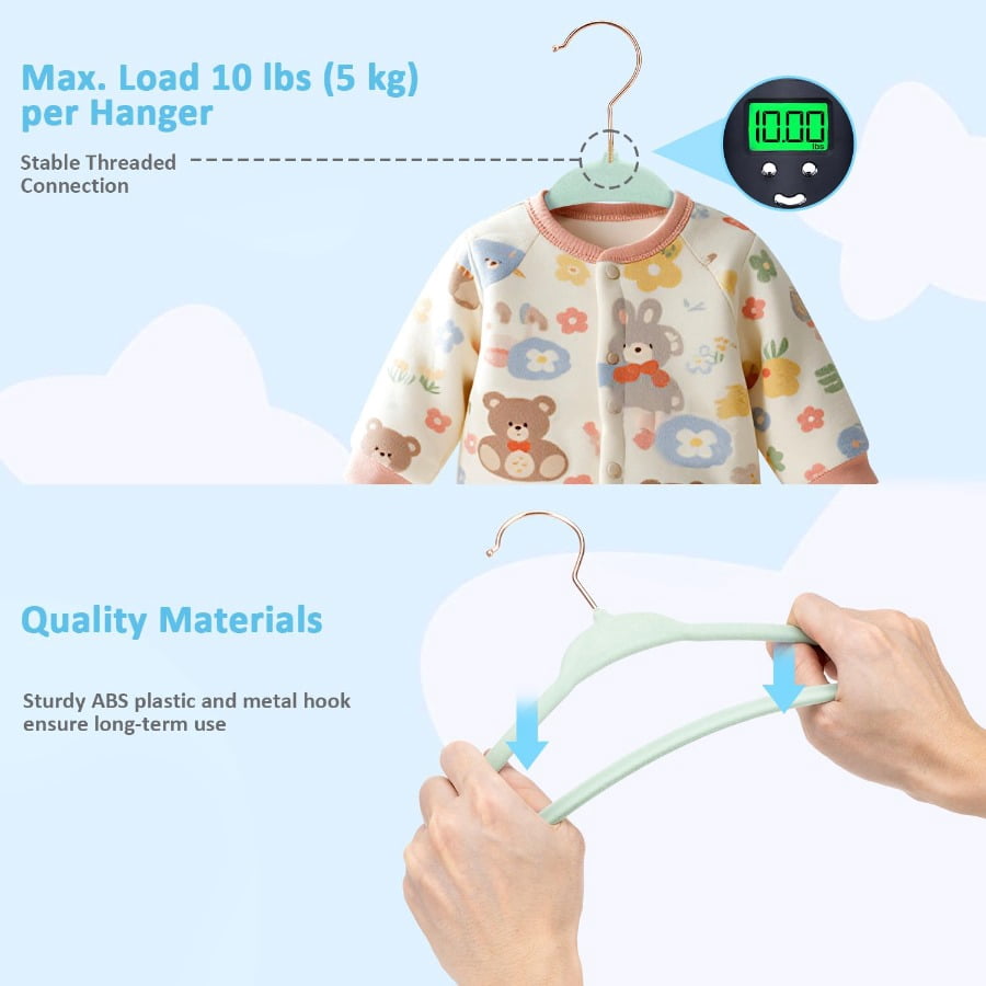 Tonswachic Baby Velvet Hangers 30 Pack - 11 Inch Premium Felt Non Slip Kids Hanger for Infant & Toddler Clothes - 0.2" Slim Space-Saving Baby Felt Hangers for Children's Closet with 10 Clips - Beige