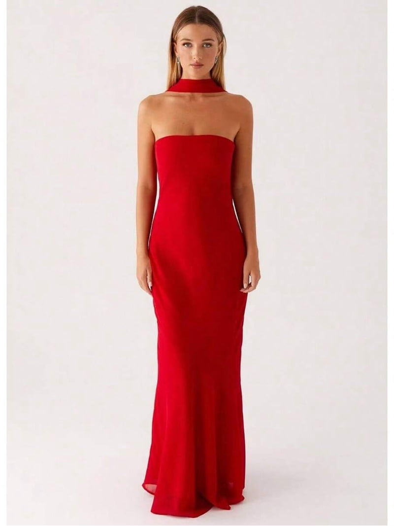 choker maxi dress red /// Red Strapless Halter Neck Maxi Dress With Choker Detail, Mermaid Silhouette, Elegant Evening Gown, Women's, Size: Medium