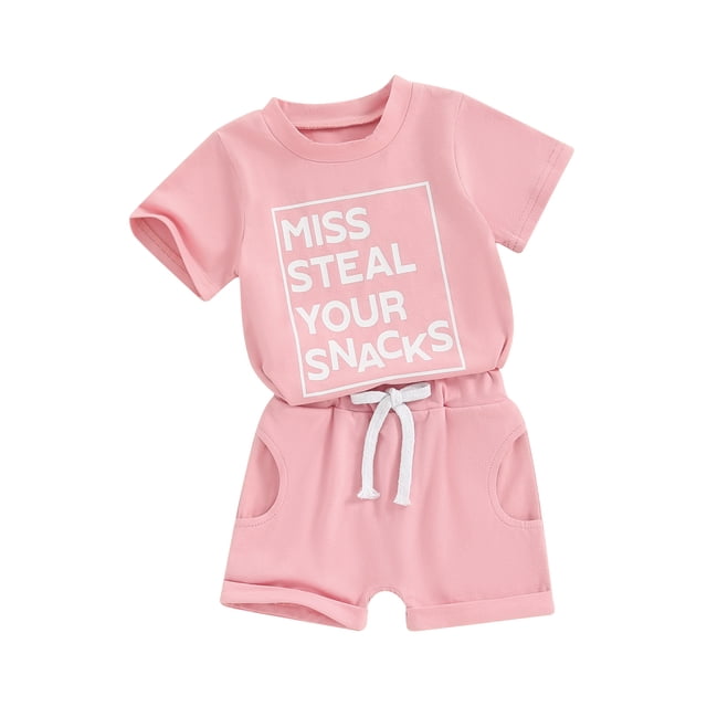 Gupgi Toddler Girls Summer Shorts Sets Short Sleeve Letter Print Tops Solid Color Elastic Shorts Baby 2Pcs Sets