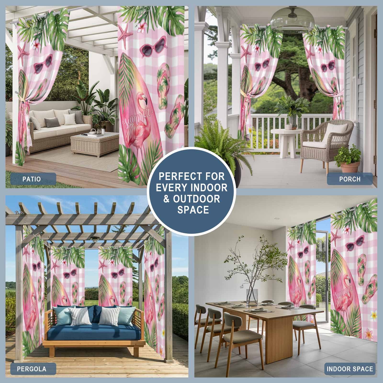 Summer Ocean Surfboard Outdoor Curtains for Patio, Beach Slippers Flower Palm Leaf Pink Plaid Sunshade Privacy Drapes Grommet Waterproof Outside Curtains for Porch/Cabana/Balcony 54"x 108", 1 Panel